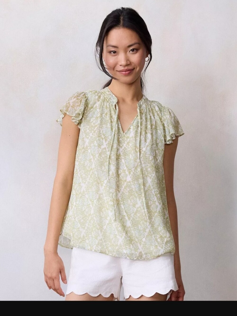 NWT LC Lauren Conrad Light Sage Floral Ruffled Cap Sleeve Blouse